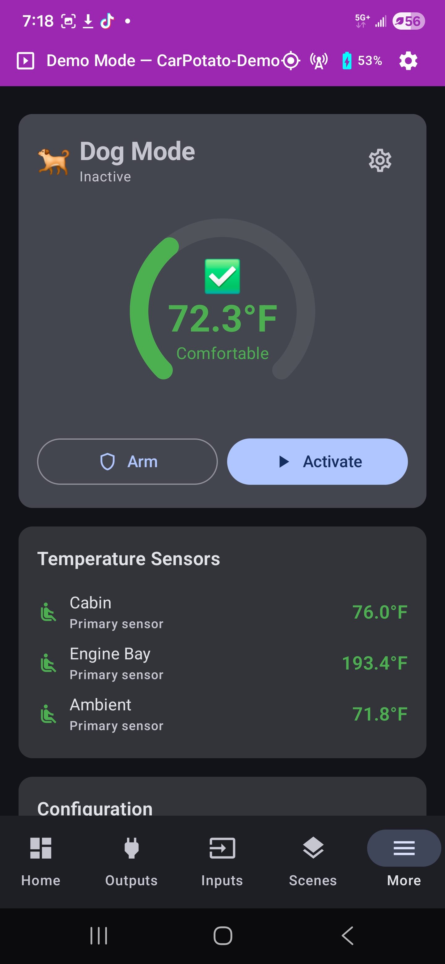 Dog Mode — real-time temperature monitoring with automatic climate control activation and configurable alert thresholds.
