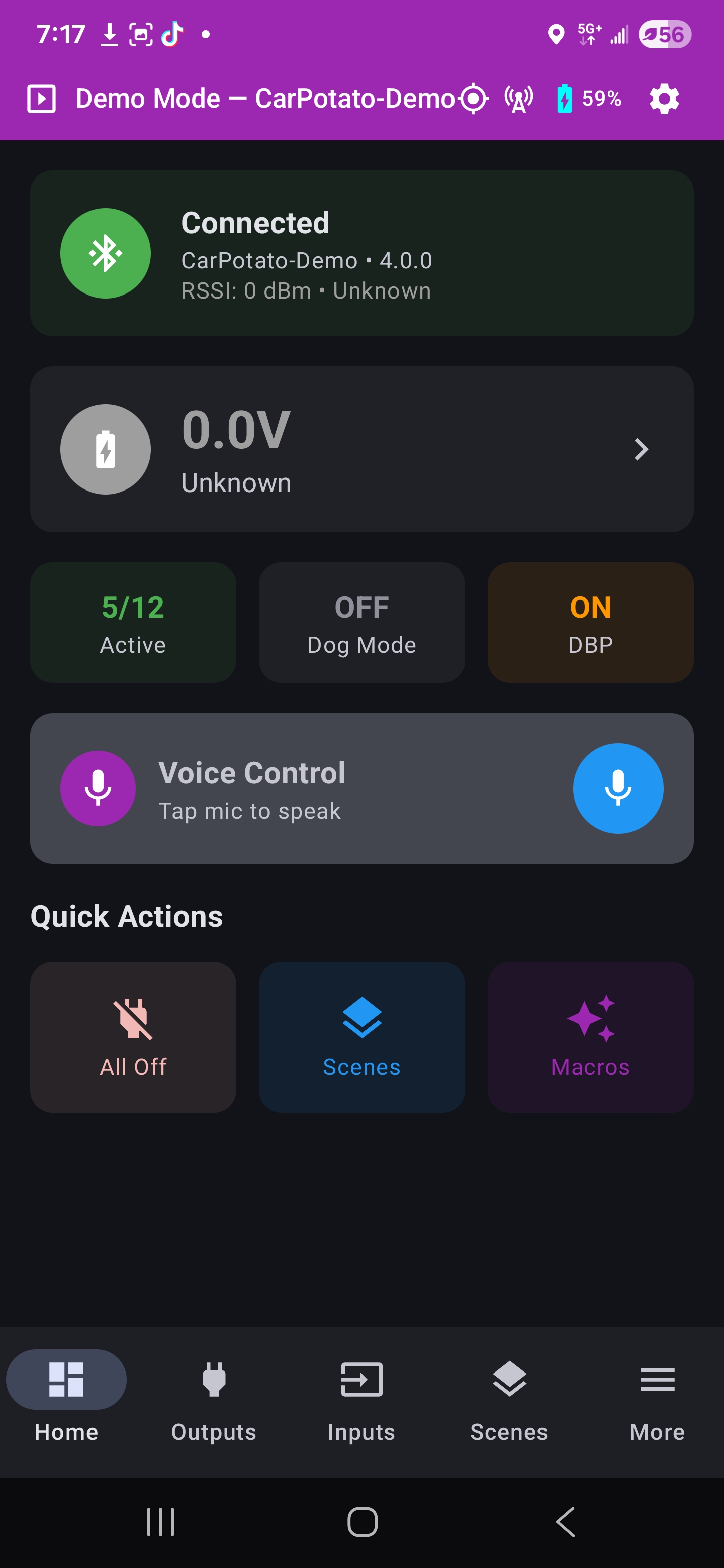 CarPotato home dashboard — BLE connected, battery monitoring, voice control, quick actions, and system status at a glance.