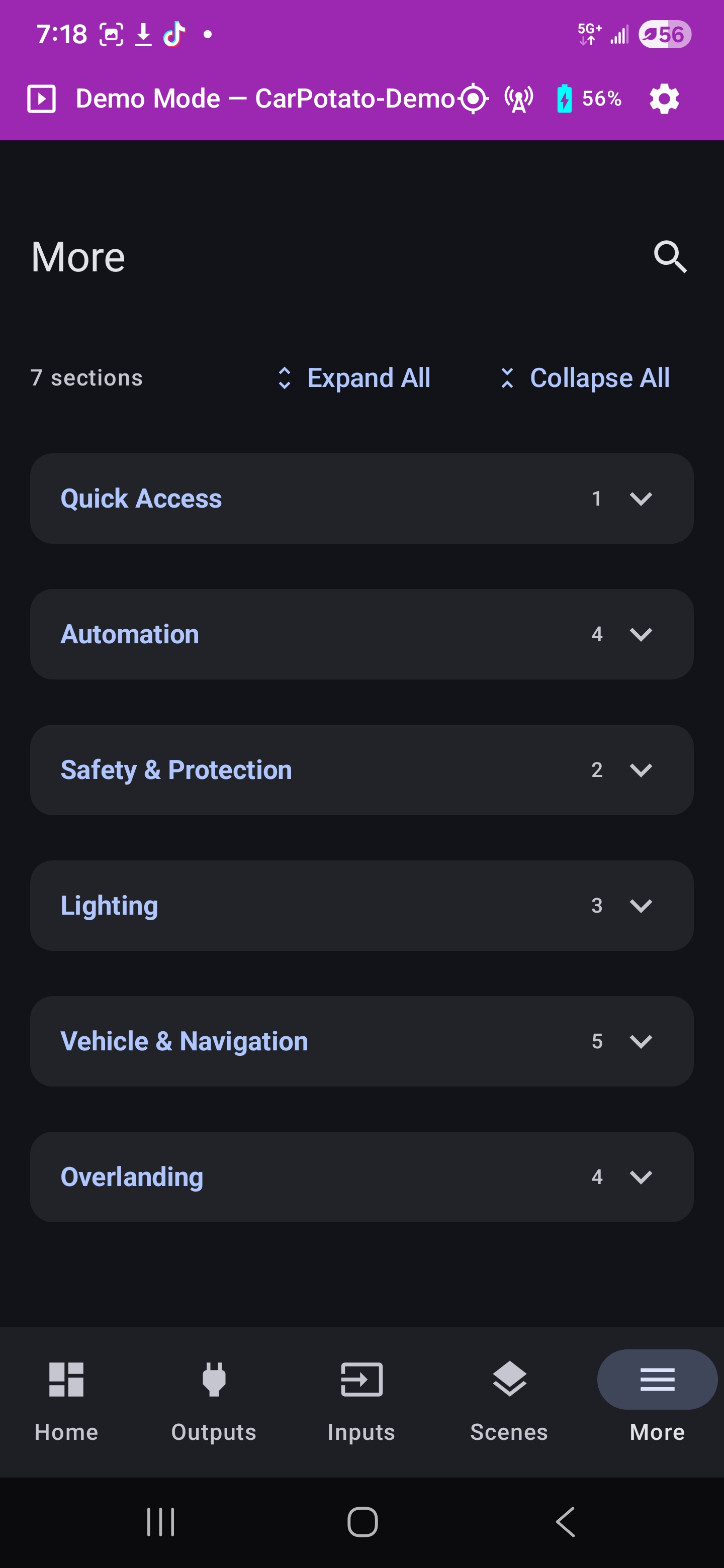 More menu — 7 feature categories covering automation, safety, lighting, navigation, and overlanding.