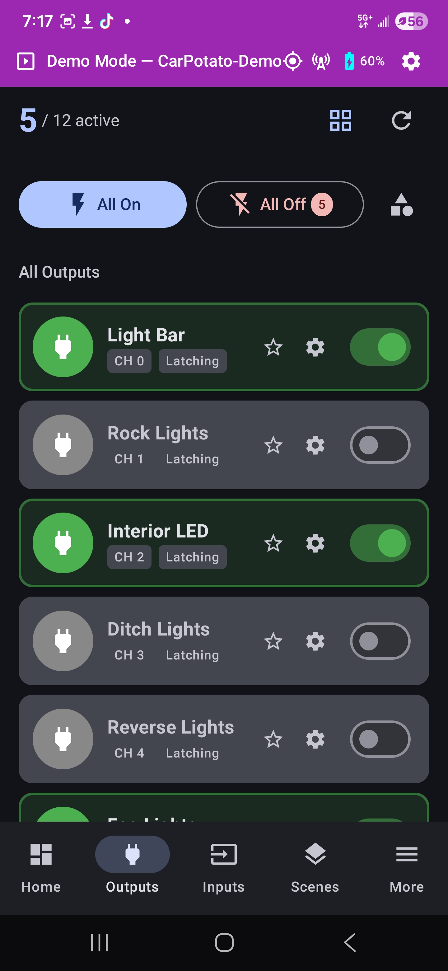 Outputs tab — individual relay control with live on/off status, channel naming, and per-channel settings.