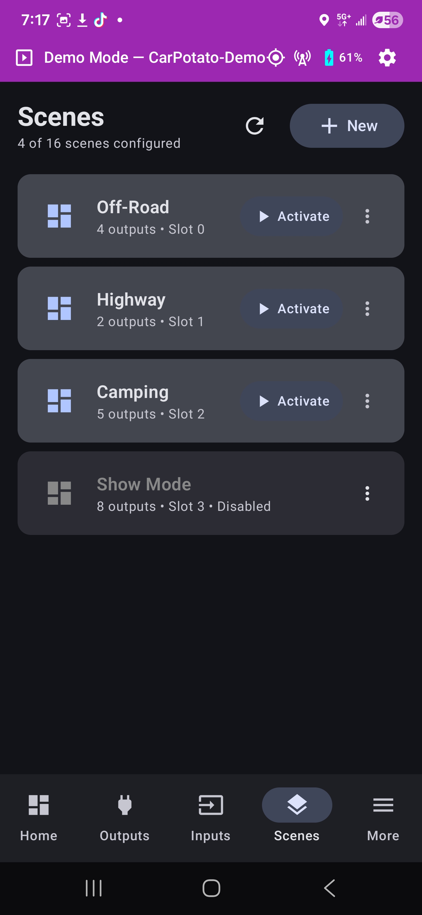 Scenes — pre-configured relay combinations for Off-Road, Highway, Camping, and Show Mode. One tap to activate.