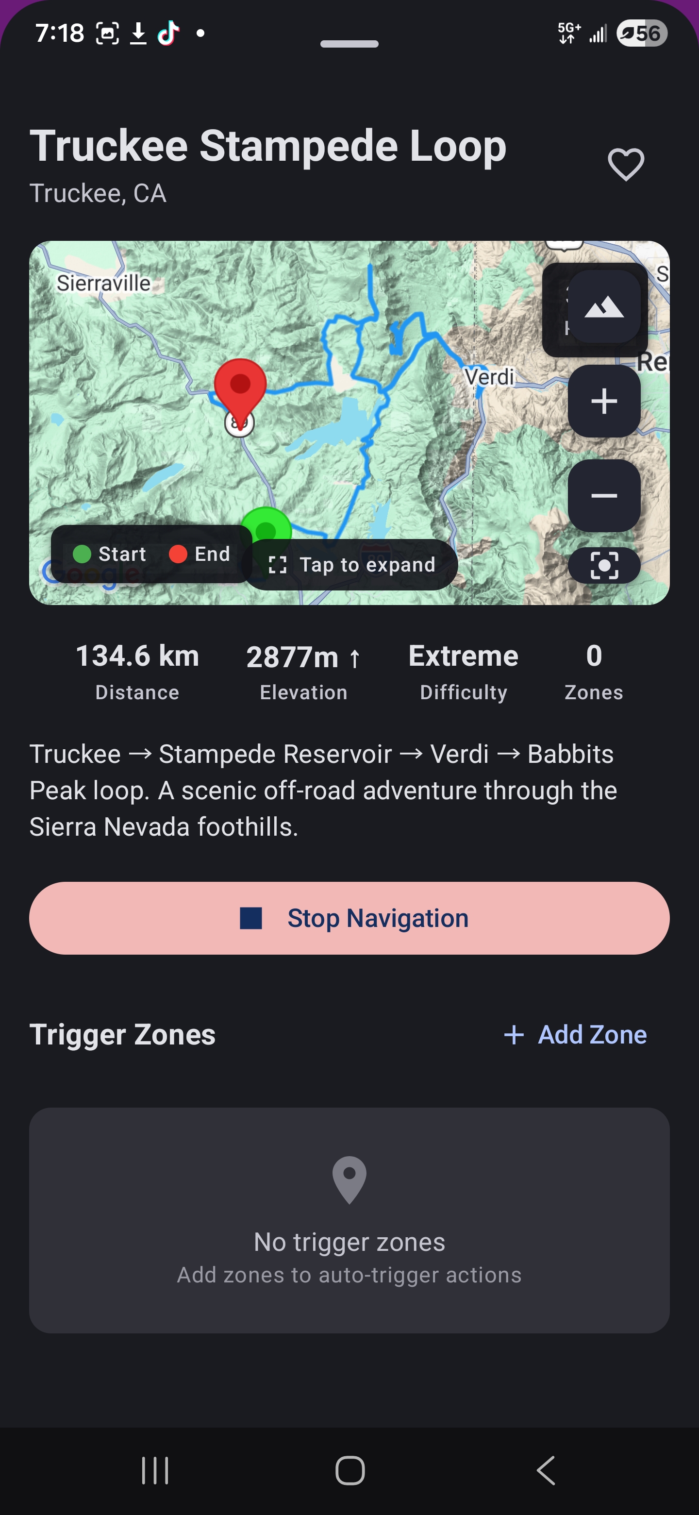 Trail navigation — Truckee Stampede Loop with distance, elevation, difficulty, and GPS trigger zone support.